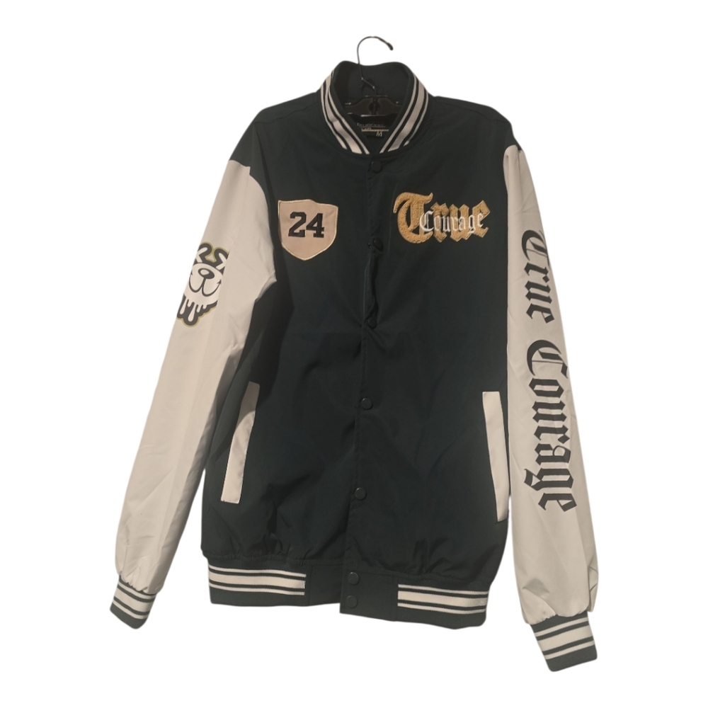 Hunter Green and White Seven Souls Varsity Jacket with Gold Details M